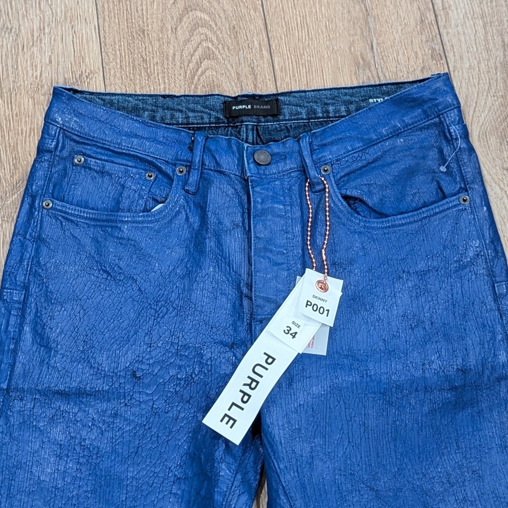 $275 Mens PURPLE BRAND Paint Job Crackled Coated Skinny Jeans Blue 34 - Picture 2 of 8